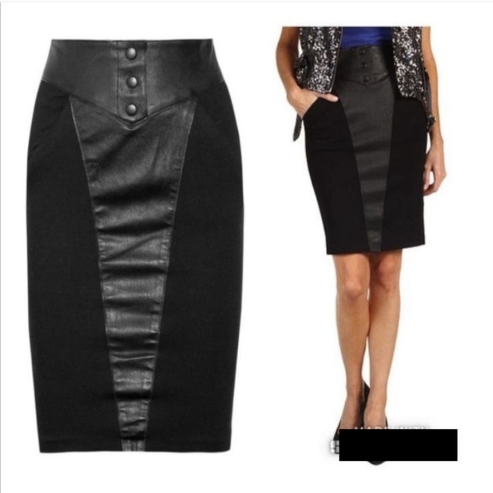 NWOT Catherine Malandrino Leather Paneled Black Pencil Skirt - Size 2